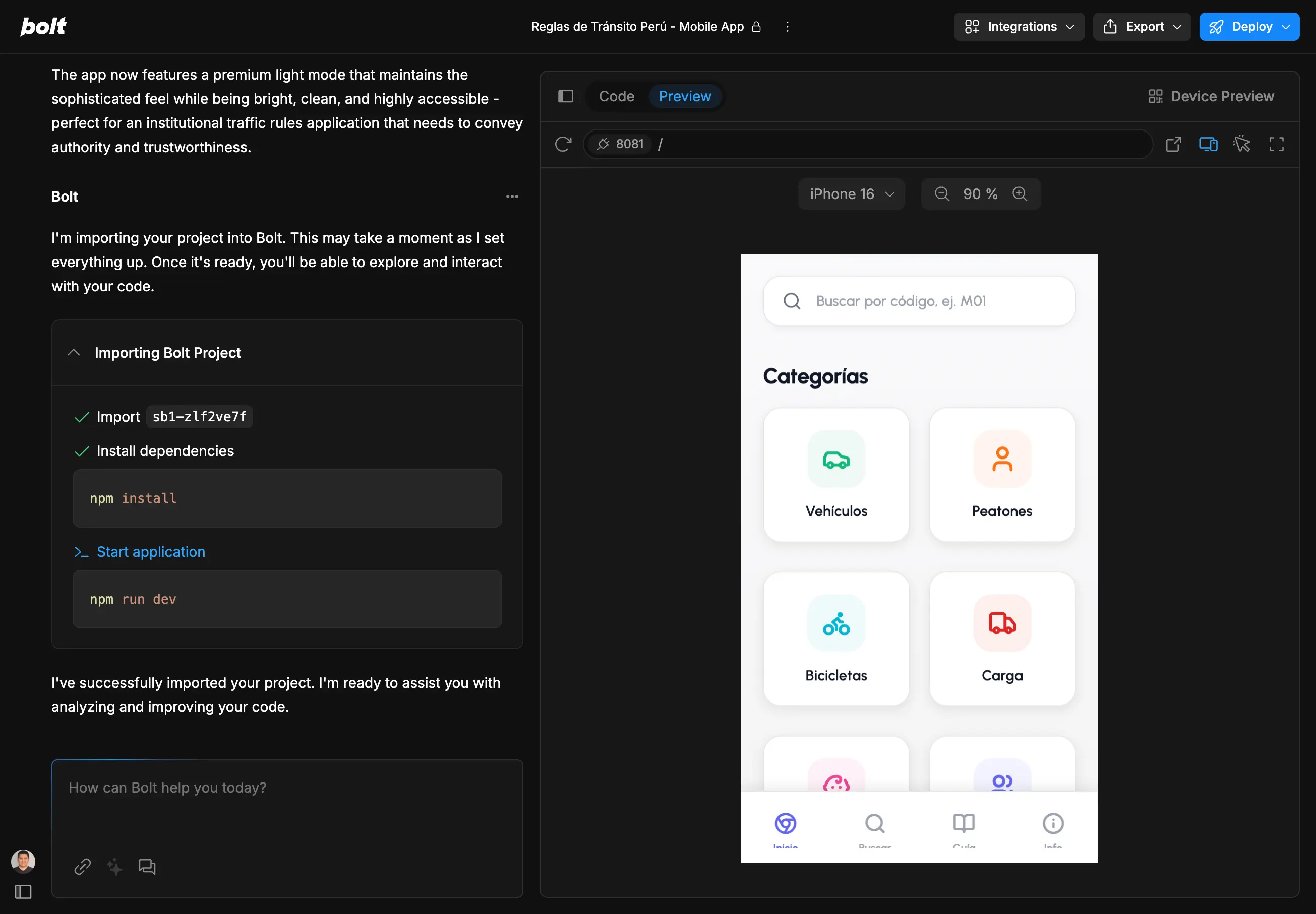 Preview de la app generada con Bolt.new